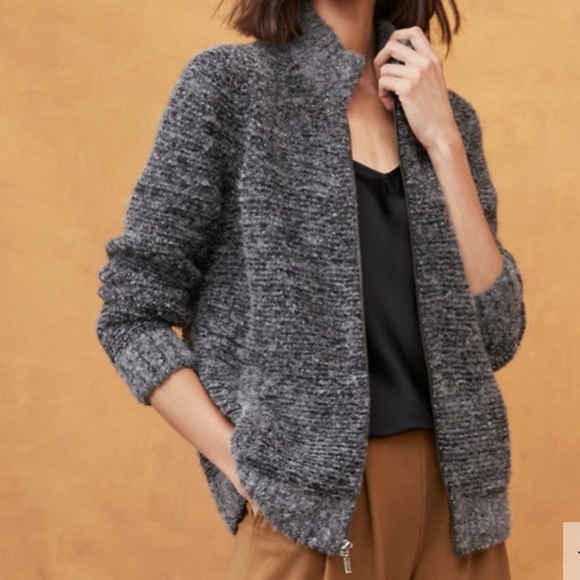 Garnet Hill Dark Gray Shimmering Alpaca Blend Full Zip Sweater Jacket Size M - Picture 1 of 13